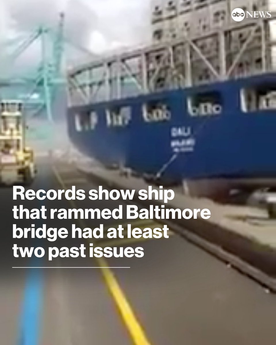 ABC News has obtained records showing the Dali, the massive cargo ship that crashed into Baltimore's Francis Scott Key Bridge, had at least two documented issues in the past. This image taken in Belgium shows the moment in 2016 that the ship hit a wall. trib.al/Xg3oBWp