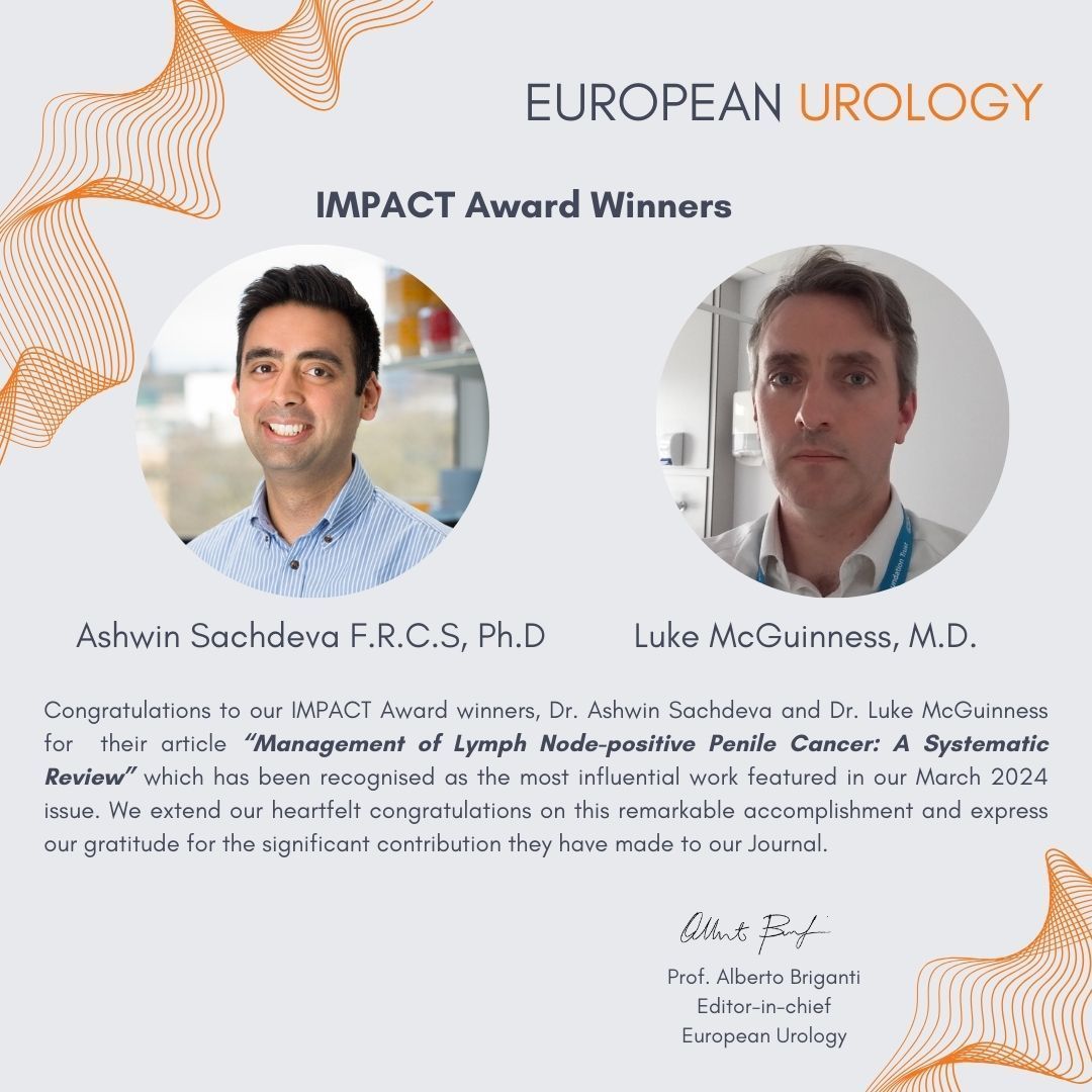 Congrats to our March IMPACT Award winners @AshwinUrol and Luke McGuinness! Their article “Management of Lymph Node–positive Penile Cancer: A Systematic Review” was the most influential work featured in our March 2024 issue! Full article here: europeanurology.com/article/S0302-… #UroSoMe