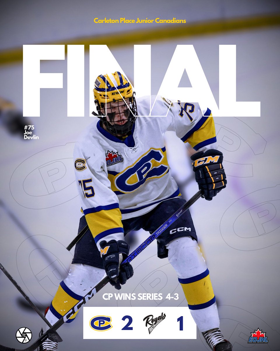 CPCTier2's tweet photo. 🔵🟡 FINAL 🔵🟡

The Carleton Place Junior Canadians find a way and are heading to @TheEOJHL  l finals! ‘06 F Joe Devlin (Carleton Place, ON) is your overtime HERO! 

Thanks for showing up CP! We heard you loud and proud! 

#cpc #BetterEveryDay https://t.co/ENJVson1Qd