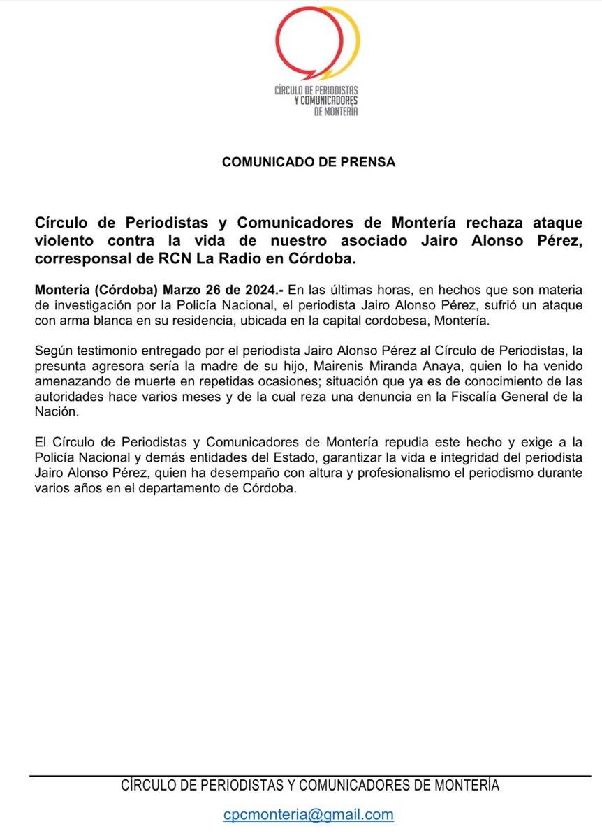 CPCMonteria's tweet photo. #AlertaCPCM | Círculo de Periodistas y Comunicadores de Montería rechaza ataque violento contra la vida de nuestro asociado Jairo Alonso Pérez, corresponsal de RCN La Radio en Córdoba. https://t.co/p9Jccr0uXb