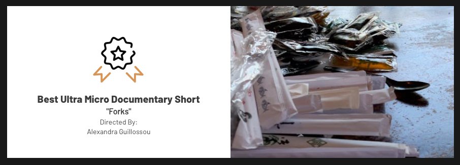 So excited to have "Forks" receive an award at #InternationalMicroShortFilmFestival!

IMSFF had a wonderful lineup of selections. It's such an honor to be among such great short films!