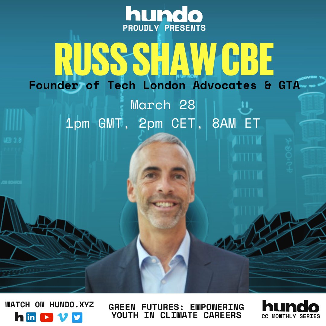 🌍 Join us on March 28 as @RussShaw1, Founder of @TechLondonAdv & @GlobalTechAdv, drives the conversation on 'Driving Net Zero Careers' at our Climate CareerCon event. Learn how #tech can lead the way to a #sustainable future 🙌 Reserve your spot now - hundo.xyz/live