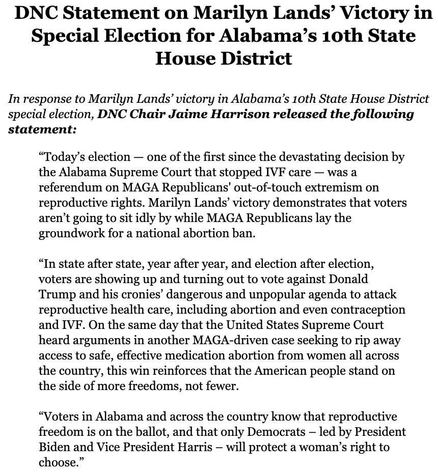 NEW: DNC Chair @harrisonjaime statement on Democrats flipping Alabama’s 10 state House District. “@MarilynForAL’s victory demonstrates that voters aren’t going to sit idly by while MAGA Republicans lay the groundwork for a national abortion ban.”