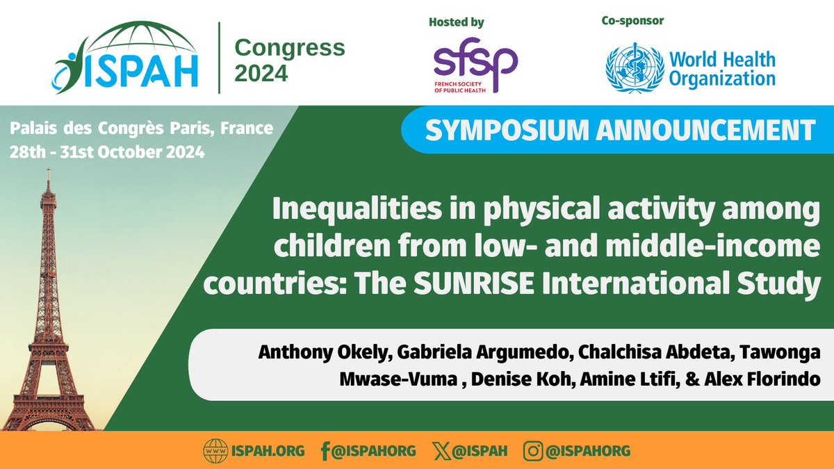 📢Have you heard about the SUNRISE International Study?

🏃🏾‍♀️This symposium will present evidence from 5 low—or middle-income countries on differences in physical activity participation between children living in urban and rural areas

🔗buff.ly/3TPcKvn

#ISPAH2024