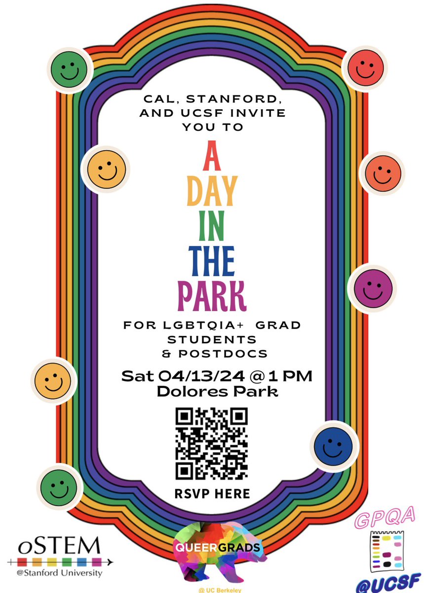 Join us for another LGBTQIA+ grad student & postdoc social between Stanford, UCSF, and Berkeley in Dolores Park on Saturday April 13! RSVP here: forms.gle/odigVrHMYF2WXw…