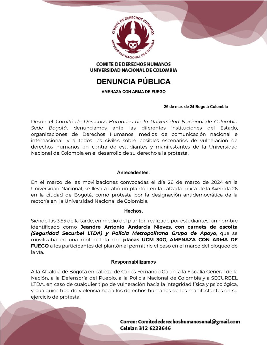 ComiteDDHHunal's tweet photo. 🚨 DENUNCIA PÚBLICA🚨
Denunciamos ante la comunidad universitaria y la población civil en general los hechos ocurridos el día de hoy en medio de la movilización en la UNAL sede Bogotá, cuando un hombre armado amenazó a las personas que desarrollaban el plantón en la Avenida 26. https://t.co/53Ber0HRuN