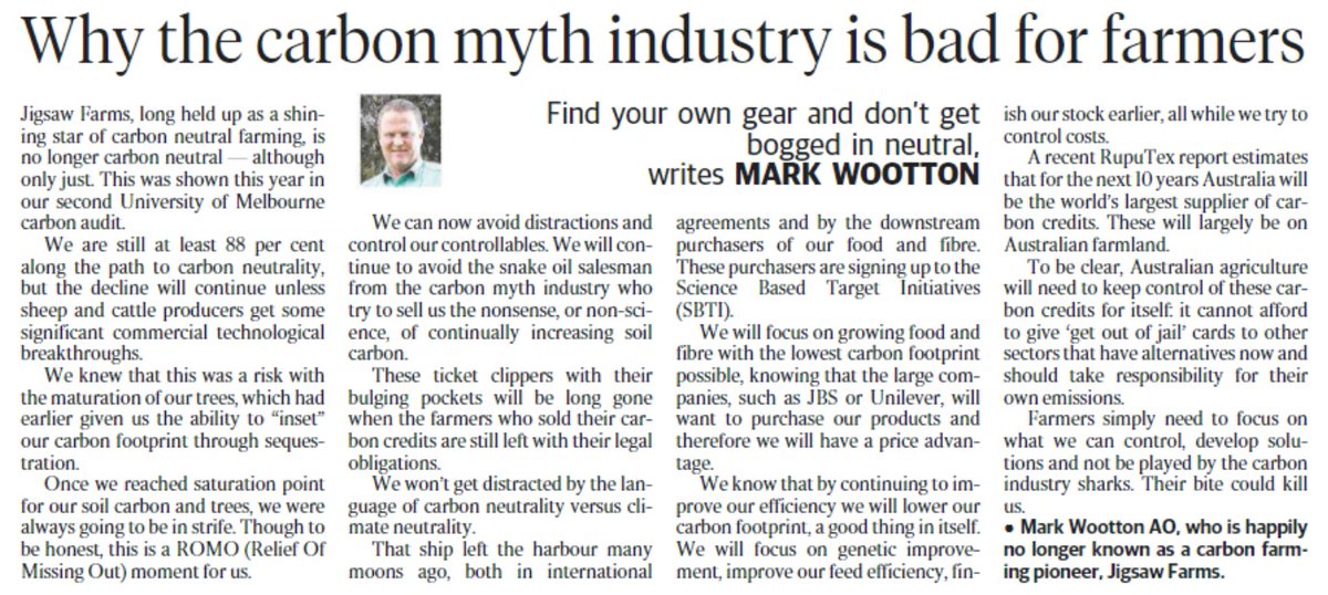 “These ticket clippers with their bulging pockets will be long gone when the farmers who sold their carbon credits are still left with their legal obligations” Farmer Mark Wootton in @theweeklytimes on the risks of offsets to the ag sector. #climate #auspol @Jigsawfarms