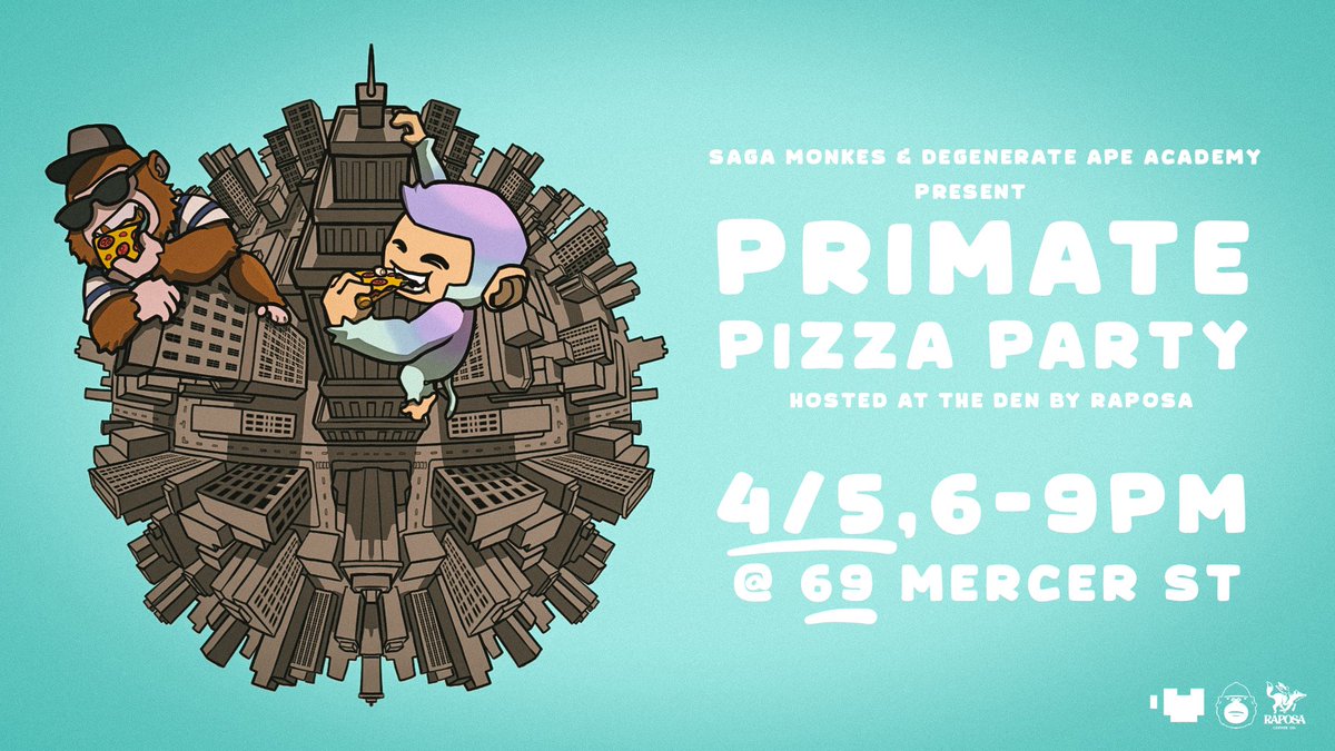 sagamonkes's tweet image. Saga Monkes and @DegenApeAcademy present the Primate Pizza Party, hosted at The Den by @RaposaCoffeeCo on April 5th from 6pm to 9pm.

Join us for a casual evening of good music, good pizza, and great vibes with a side of banana business, ft. premium coffee by Raposa.

We welcome…