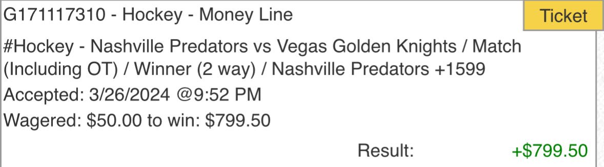 DTE803's tweet photo. @pardonmypick Sprinkled some lunch money on preds live ML when it was 4-1 https://t.co/oftl3Bep49