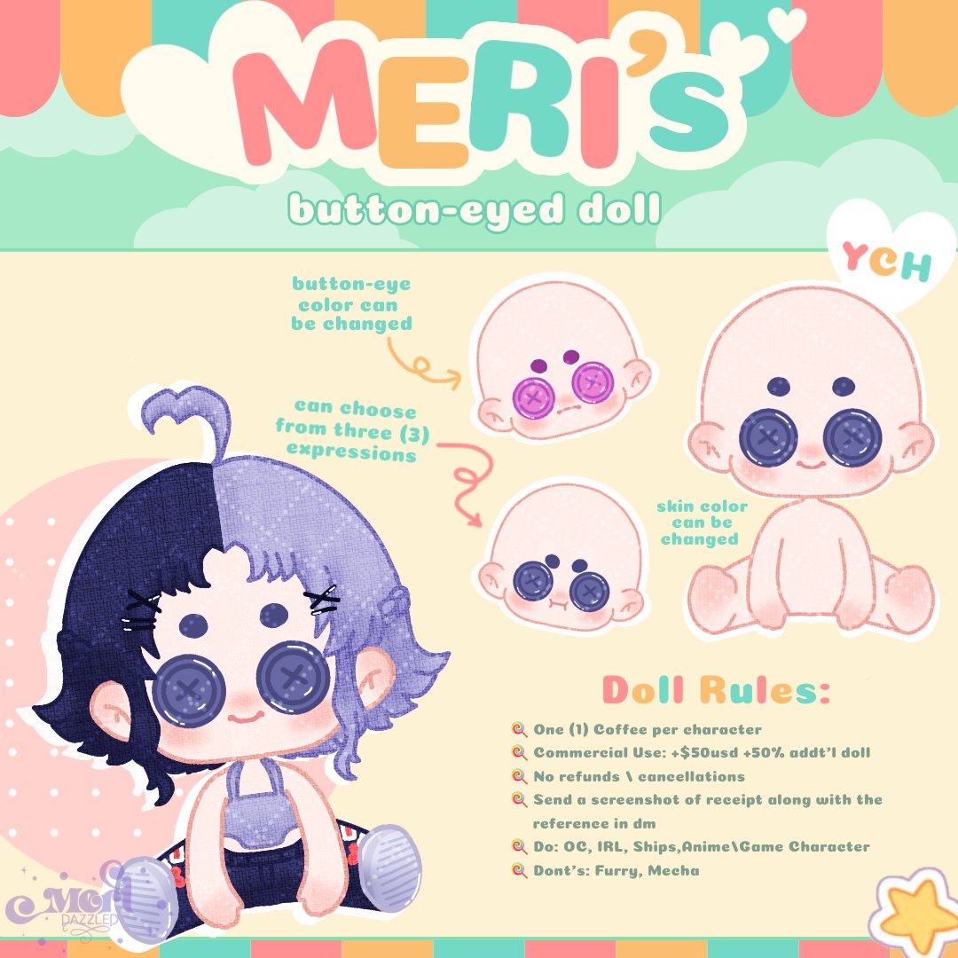 meridazzled's tweet photo. 🍭MERI's button-eyed doll [YCH]🍭

Wanna see your own/favorite character turn into a button-eyed doll??? Each doll now costs $5usd/1 coffee ><

RT's are highly appreciated! 🍭

Ko-fi: https://t.co/ACKtD4zhi7 https://t.co/jQzTZpECzV
