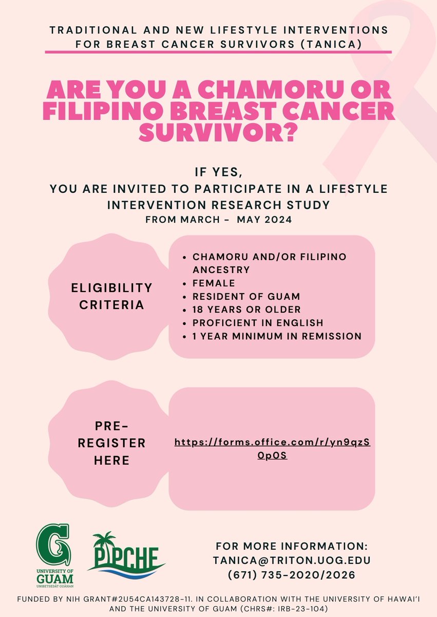 Are you a breast cancer survivor with CHamoru or Filipino ancestry? 🎗 Join a lifestyle intervention research study at url.uog.edu/breast-cancer-…