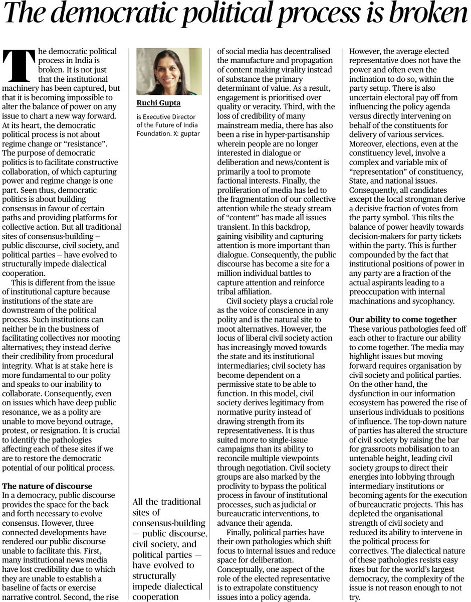 guptar's tweet image. My column in @the_hindu wherein I argue that the democratic political process in India is broken. Unpaywalled link here: rgupta.substack.com/p/the-democrat… #media #politics