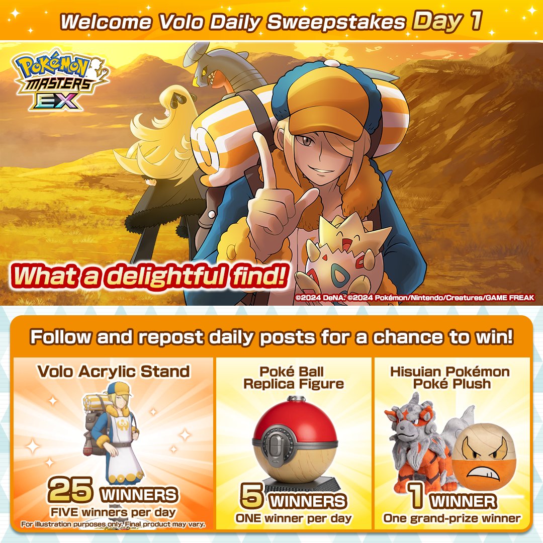 📣 Welcome Volo Daily Sweepstakes: Day One 📣

To enter:
1. Follow <a href="/PokemonMasters/">Pokémon Masters EX</a>.
2. Repost this post.
3. Repost the announcement quoted below.

We’ll pick five winners per post from those who repost each daily post!

You have until March 31 at 7:59 p.m. PDT to enter. ⏰
