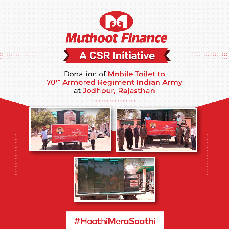 TheMuthootGroup's tweet photo. In honor of the 3rd Anniversary and Remembrance Day of our esteemed Group Chairman, Late Shri M. G. George Muthoot, Muthoot Finance's CSR initiative donated a six-seater mobile toilet to the 70th Armored Regiment of the Indian Army in Jodhpur, Rajasthan.
#MuthootCSR https://t.co/jNuPpWLTBE