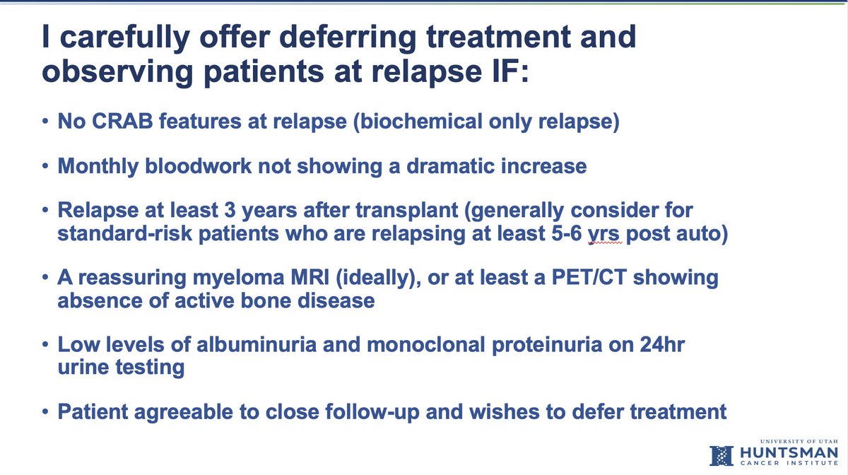 Let alone treating MRD resurgence, there are many patients with myeloma undergoing biochemical relapses who can be safely observed. Obviously, these patients should be selected wisely, but not every biochemical relapse needs immediate/aggressive treatment. #mmsm