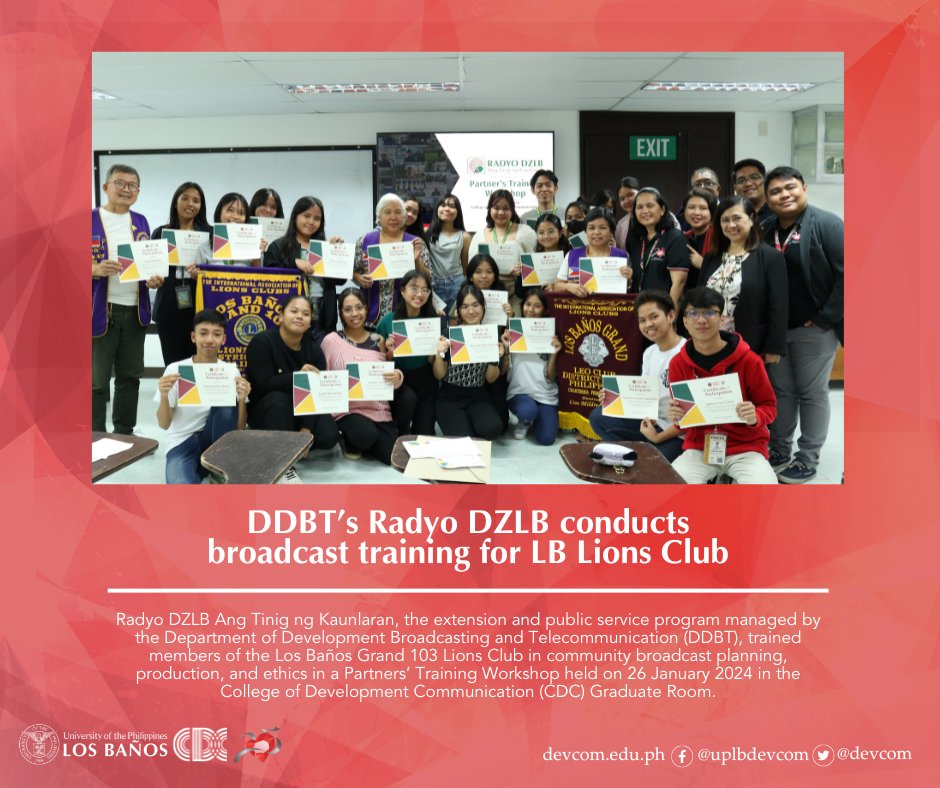 The Radyo DZLB workshop aimed to capacitate the Los Baños Grand 103 Lions Club participants in broadcast program planning, production, and ethics as the newest community partner-cooperator of the station. devcom.edu.ph/2024/03/27/ddb…