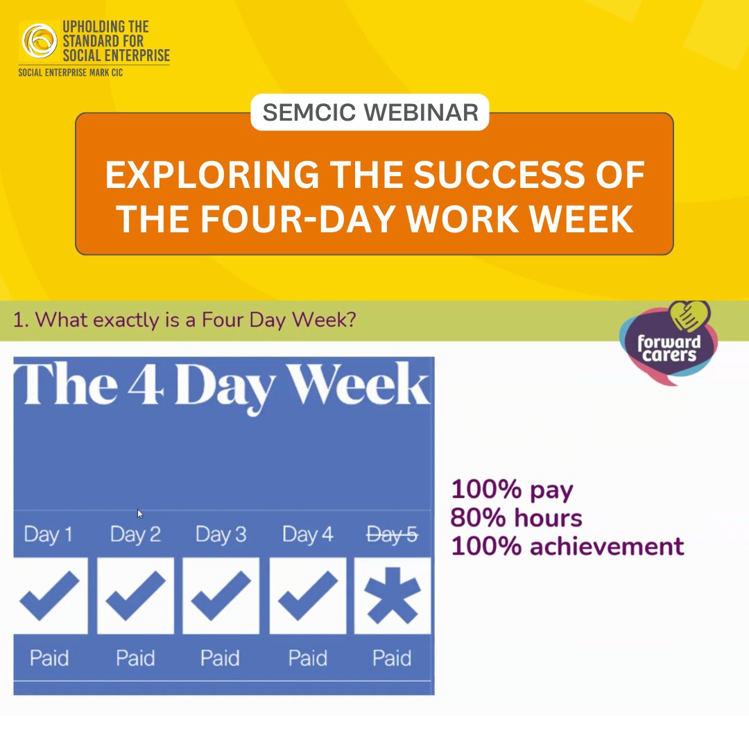 Explore the transformative potential of the four-day workweek, featuring insights from Executive Manager Anna Smith of @ForwardCarers – our Mark Holders. Missed the webinar? Watch the recording on YouTube now! youtube.com/watch?v=KLFfuo… #FourDayWeek #SocEnt #MarkHolder