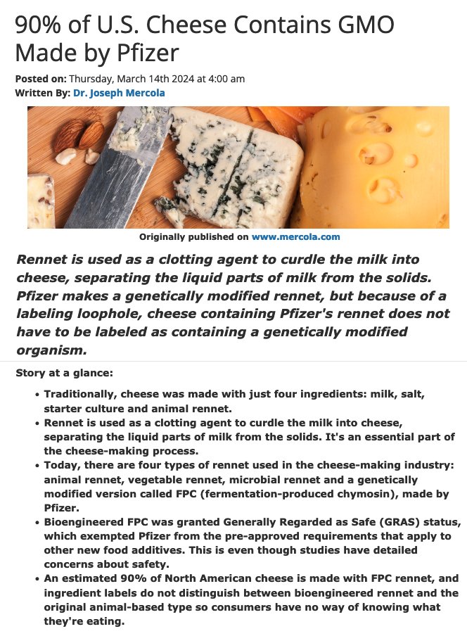 90% of Canadian & US Cheese contains genetically-modified and synthetic ingredients by Pfizer - unregulated, untested. Have you come to the realization yet that your government agencies exist to make private sector profits and not to promote safety or well being? Dr. Joseph…
