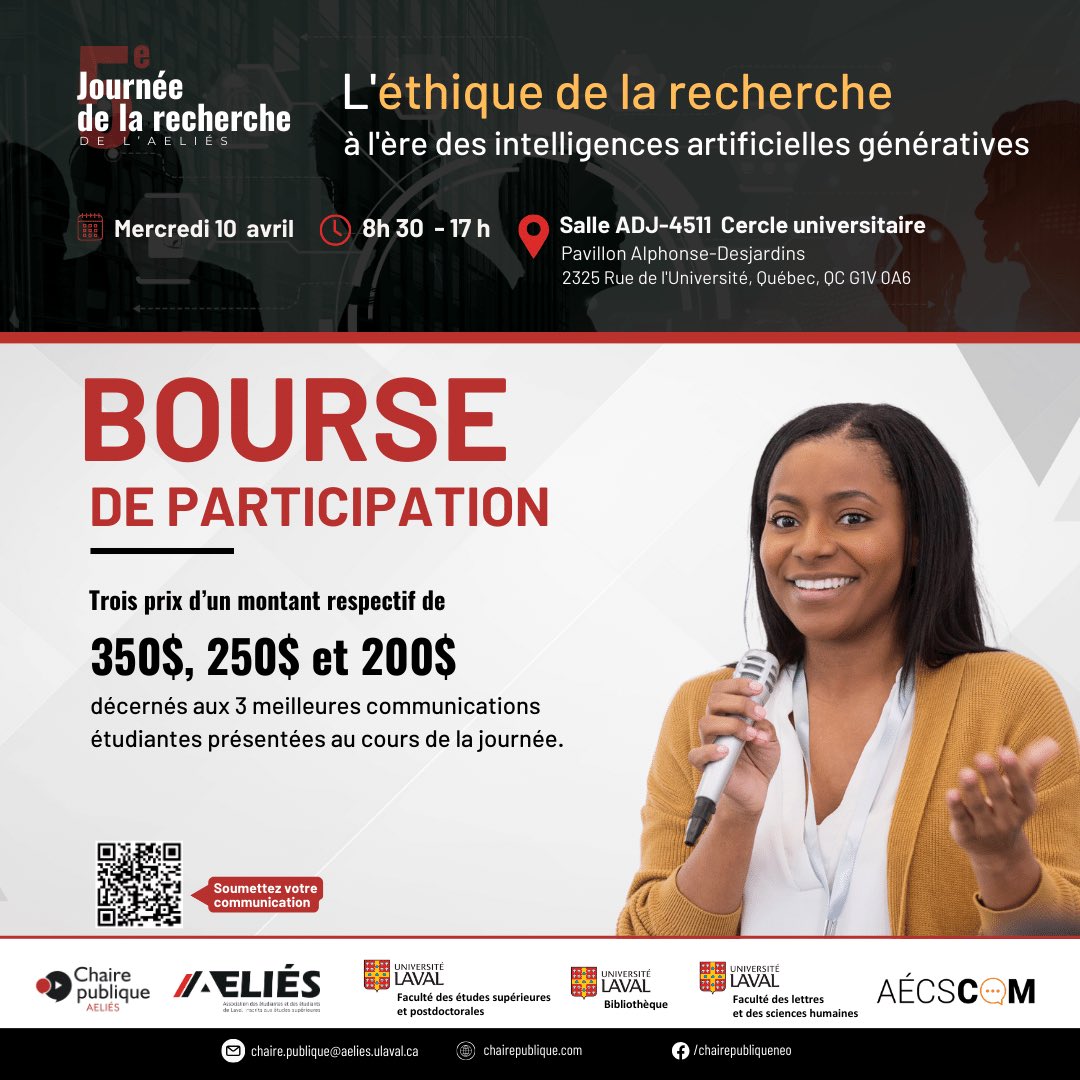 RESPUL0's tweet photo. 5e journée de la recherche | Chaire publique de @AssoAELIES , 10 avril 2024, de 8 h 30 à 17h 30 au pavillon Alphonse-Desjardins. « L'éthique de la recherche scientifique à l'ère des intelligences artificielles génératives ».
https://t.co/C4zS9CaAcM
https://t.co/bbuxytSevz https://t.co/l1bsLNLgAo