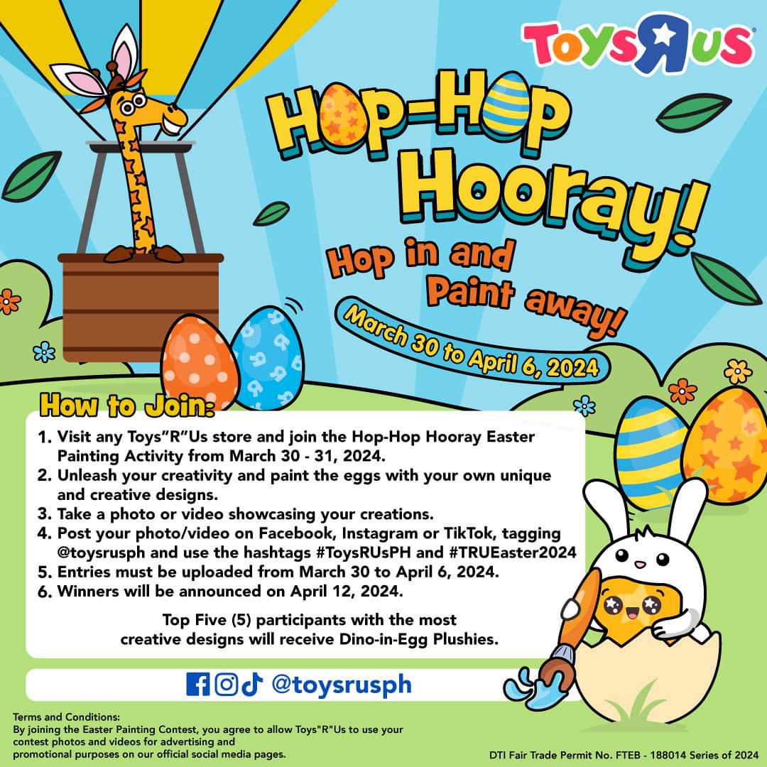 Hop into our Easter Egg Painting Contest for a chance to show off your artistic skills, win exciting prizes, and become one of our featured #ToysRUsKids! 🎉👦👧 
 
Read more: bit.ly/TRUEasterEggPa…
 
#ToysRUsPH #ToysRUS #TRUEaster2024 #Easter #Contest #JoinNow