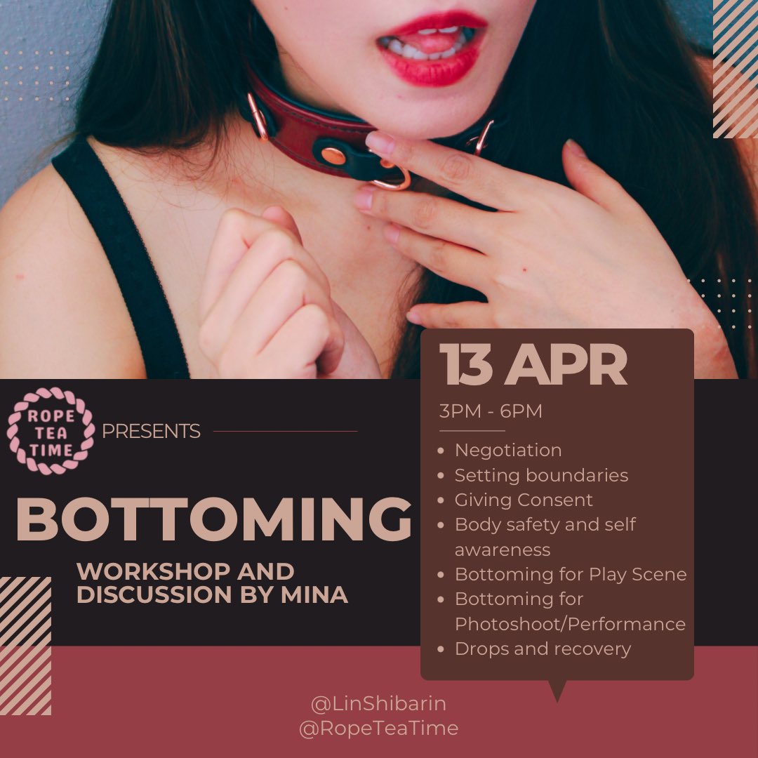 🍑What is a Bottom in kink context? Bottom is a role that means “receiving end of action”. Being a Bottom does not necessarily mean Submissive or Masochist. Want to understand more about Bottoming and how to get into it in a safer manner? Join @Min_a13579’s Bottoming Workshop!