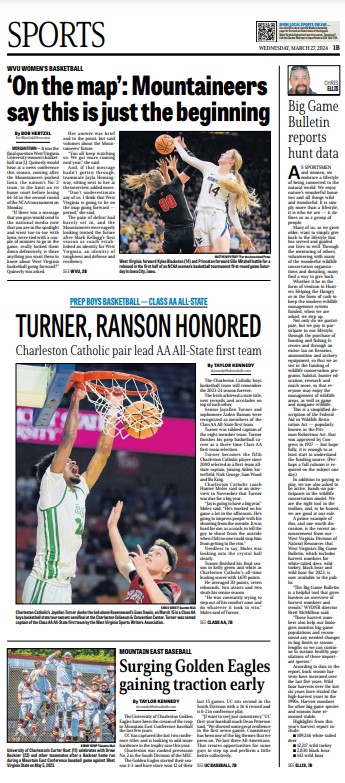 Wednesday @wvgazettemail @GazMailSports front Local work: @Taylor_Kennedy7 x2, @kennykempWV, @chrisdorstwv, Chris Ellis Inside: @sportsturtle11, @LukeCreasy, @SholtenPhoto, @switzdesign4u Design: Rob Stiles