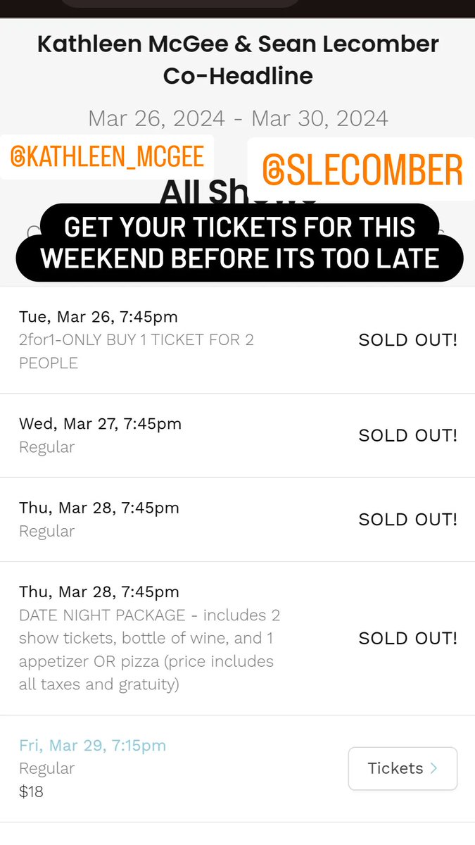 Shows are selling out quick for @Kathleen_McGee & @slecomber! Get your tickets for this weekend before its too late... 🎟️🔗👇 rumorscomedyclub.com/events/1704328…