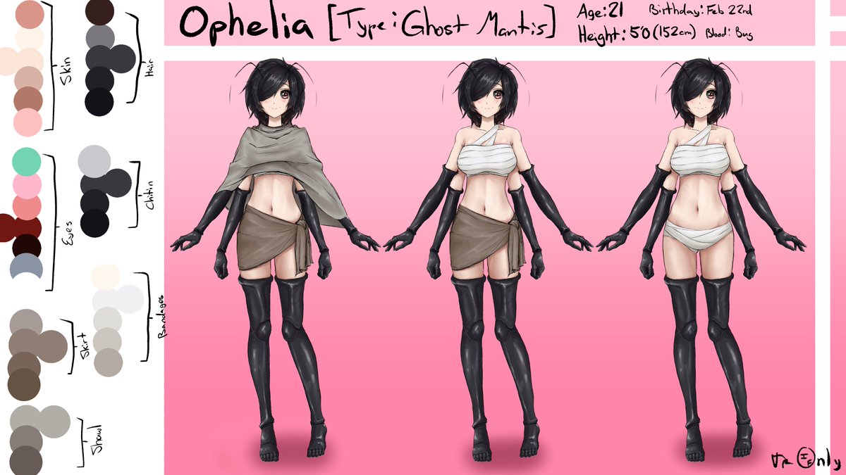 Official character sheet for Ophelia, the Ghost Mantis girl in the upcoming Steam game 'My Insect Girl Can't Be This Cute'!! 
#oc #ocs #MIGCBTC #characterdesign