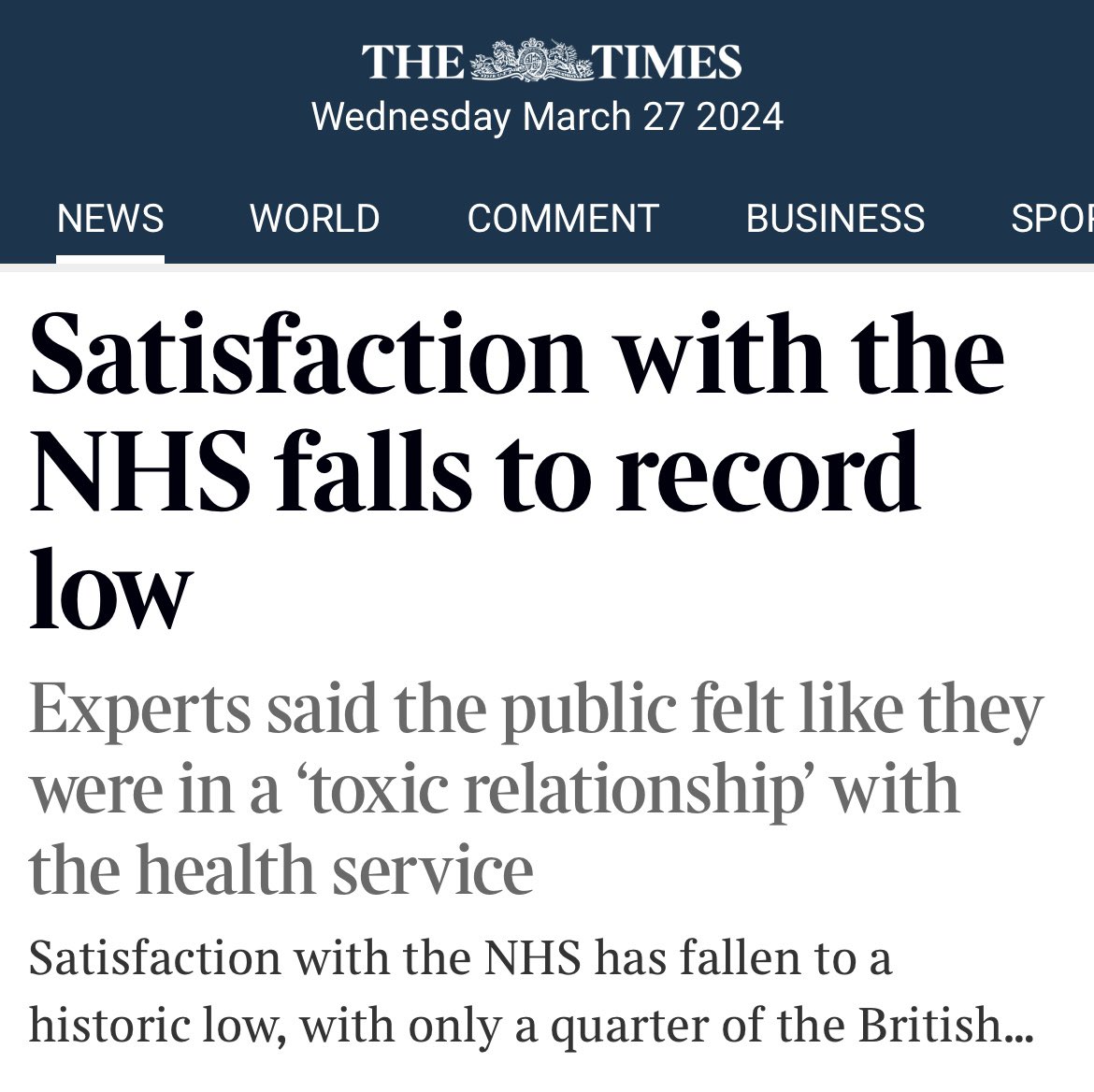 In 2010, 70% of you were satisfied with the NHS.

Now, only 24% are.

14 years of Tory government understaffing, underfunding &amp; private sector outsourcing have trashed the NHS into a travesty of the service we want to give you.

It is heartbreaking &amp; so disgustingly wrong 😔