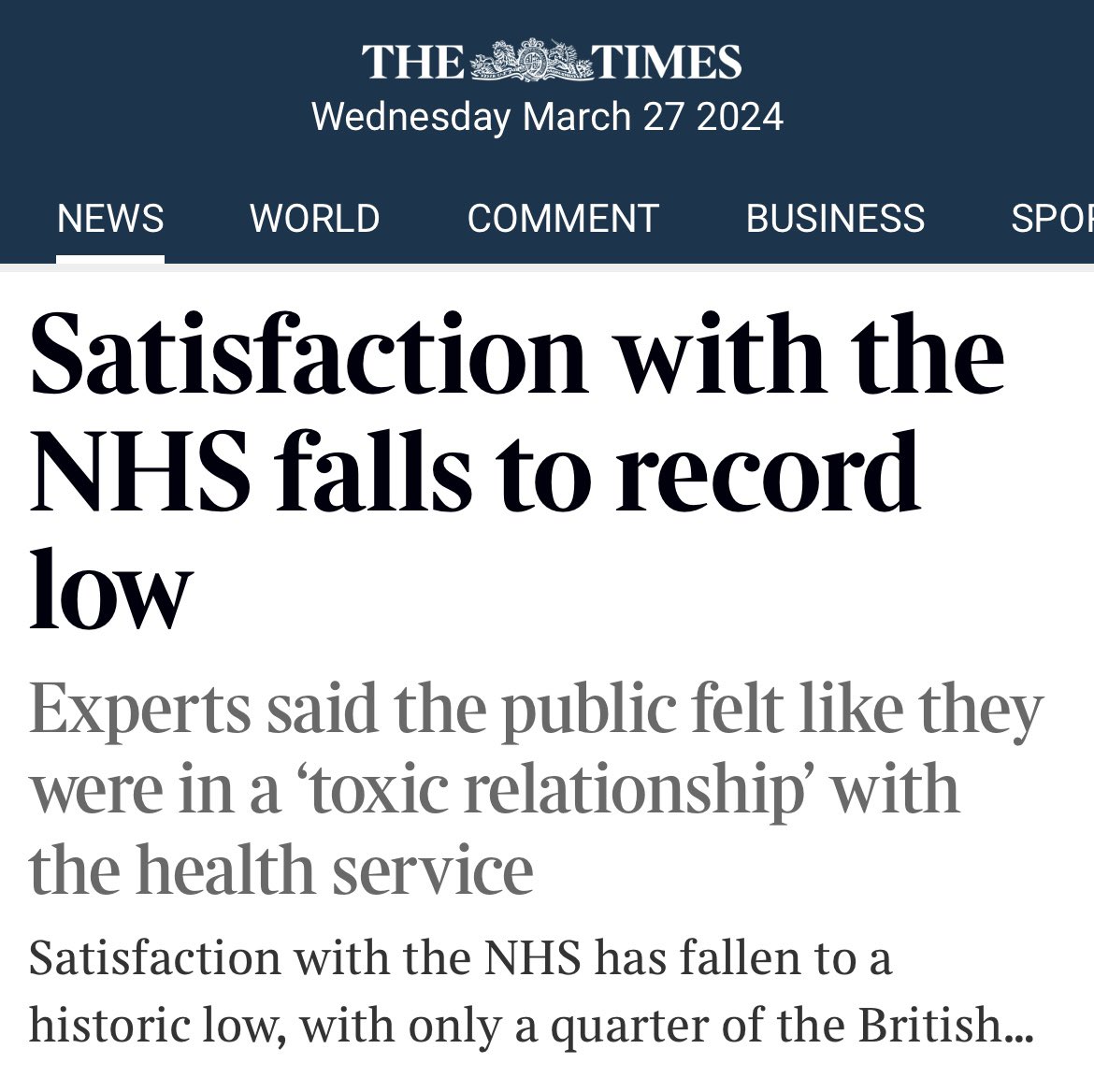 In 2010, 70% of you were satisfied with the NHS. Now, only 24% are. 14 years of Tory government understaffing, underfunding & private sector outsourcing have trashed the NHS into a travesty of the service we want to give you. It is heartbreaking & so disgustingly wrong 😔