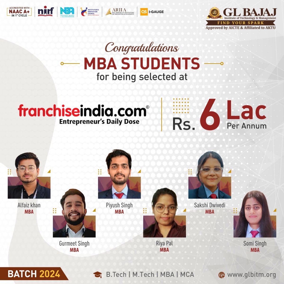 #GLBajaj (GLBITM) is filled with pride to announce that our 6 bright students from #MBA (#BusinessAnalytics) Batch 2024 have secured an incredible #placement at Franchise India Holding Ltd.

#GLBITM #campusplacements #jobs2024 #studentplacement #dreampackage #BEaGLBian #NAAC