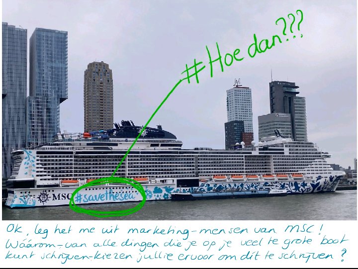 De MSC Euribia was gisteren weer in Rotterdam. Deze parel vond ik op LinkedIn. Hashtag #SaveTheSea voor dit drijvende milieudelict wekt ergernis bij mensen die de Erasmusbrug over fietsen of wandelen.

Waarom staan we dit toe in Rotterdam?