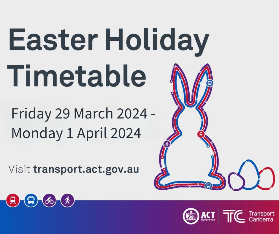 Friday 29 March, Sunday 31 March and Monday 1 April will run to a public holiday (Sunday) bus timetable 🚌 and light rail 🚋 frequency. Saturday 30 March will operate to the same Saturday timetable and light rail frequency. 🕒 Timetables here: transport.act.gov.au/news/news-and-…