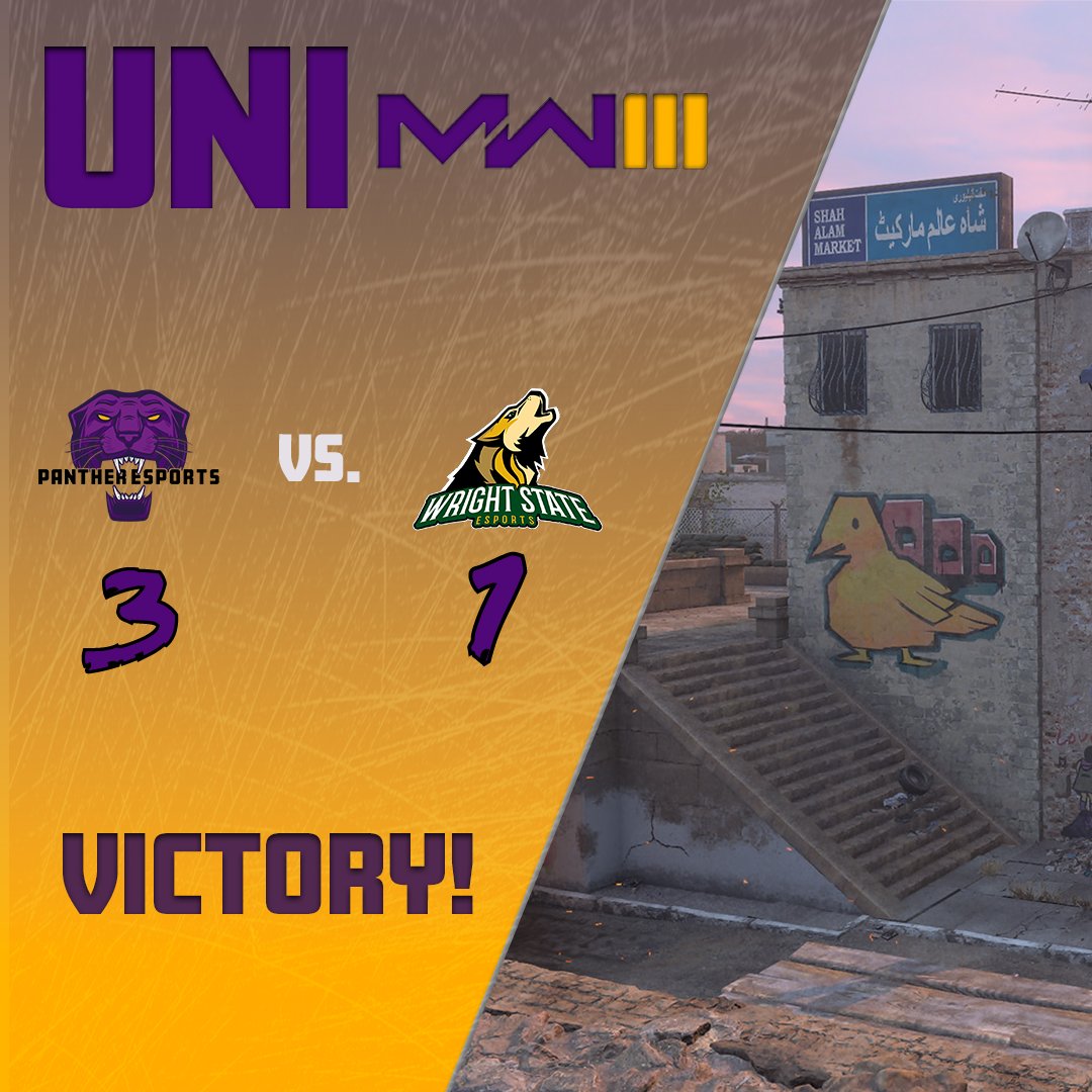 Ending on a banger!

Our <a href="/UNIPantherCoD/">UNI CoD</a> team defeats <a href="/WrightEsports/">Wright State Esports</a> 3-1 in tonight's match to finish league play!

HP - Skidrow: 186-250
SnD - Invasion: 6-2
Control - Invasion: 3-1
HP - Invasion: 250-72

GGs to everyone who played! Very proud of our COD boys 💜
#GoCats