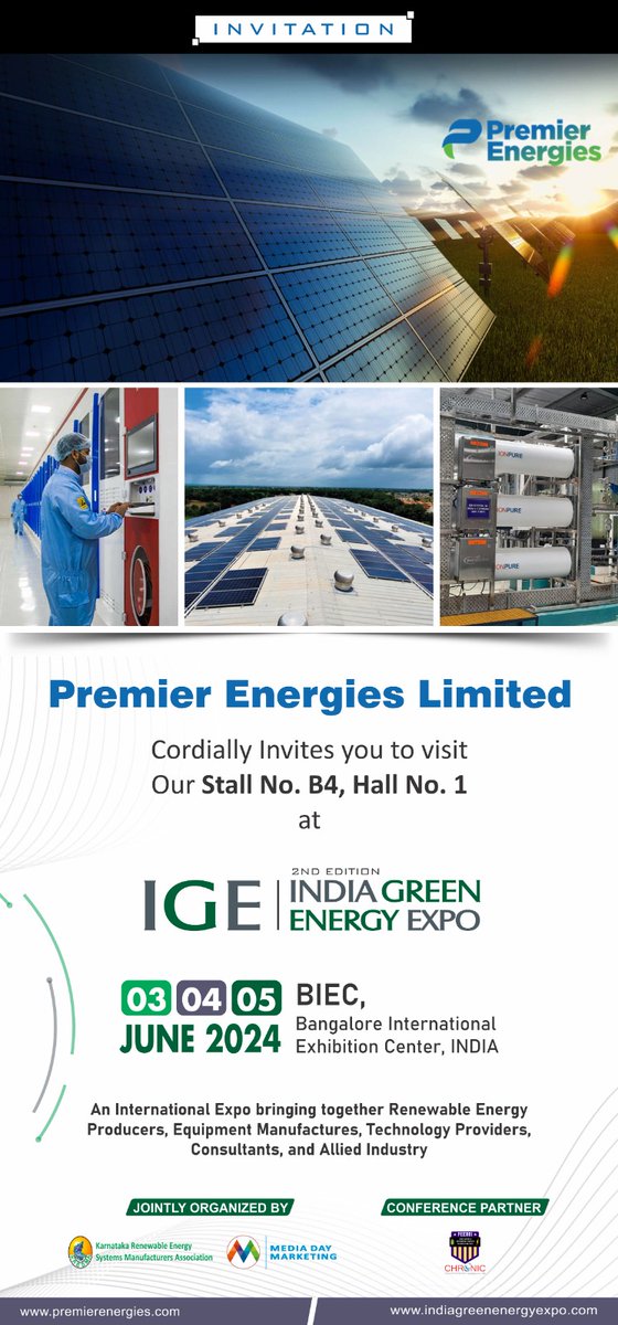 Join us at India Green Energy Expo on 3-4-5 June 2024 in @BIECentre! 

Premier Energies, India’s 2nd largest solar manufacturer, showcases cutting-edge tech & eco-friendly solutions. 

Don't miss out on the future of sustainable energy! #IGE2024 #PremierEnergies #MohamedMediaBuzz