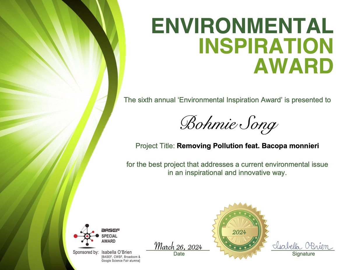 Thrilled to award the 6th annual #Environmental_Inspiration_Award to 'BOHMIE SONG' of @HWDSB @WestdaleSS for her excellent @BASEF science fair project 'Removing Pollution feat. Bacopa monnieri'. Congratulations Bohmie!
