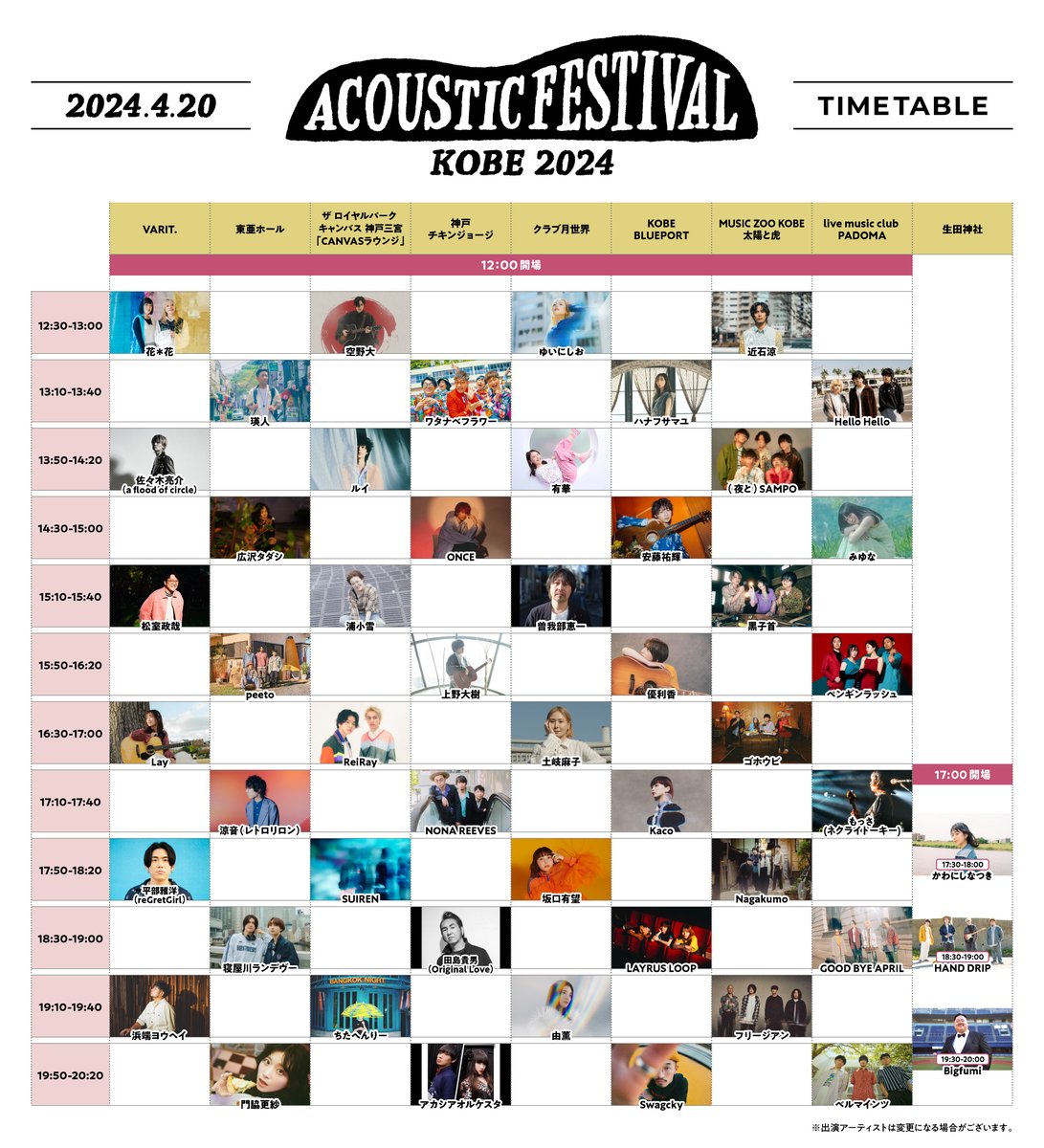 【#アコフェス タイムテーブル公開！】 4/20(土)開催のKissFMKOBE 主催アコフェス、 広沢タダシは14:30〜、東亜ホールに出演します！ 二度目の東亜ホール、楽しみです＾＾ 前売チケット5,000円（1D代込） eplus.jp/sf/detail/2142… ※4/2(火)18時まで販売…