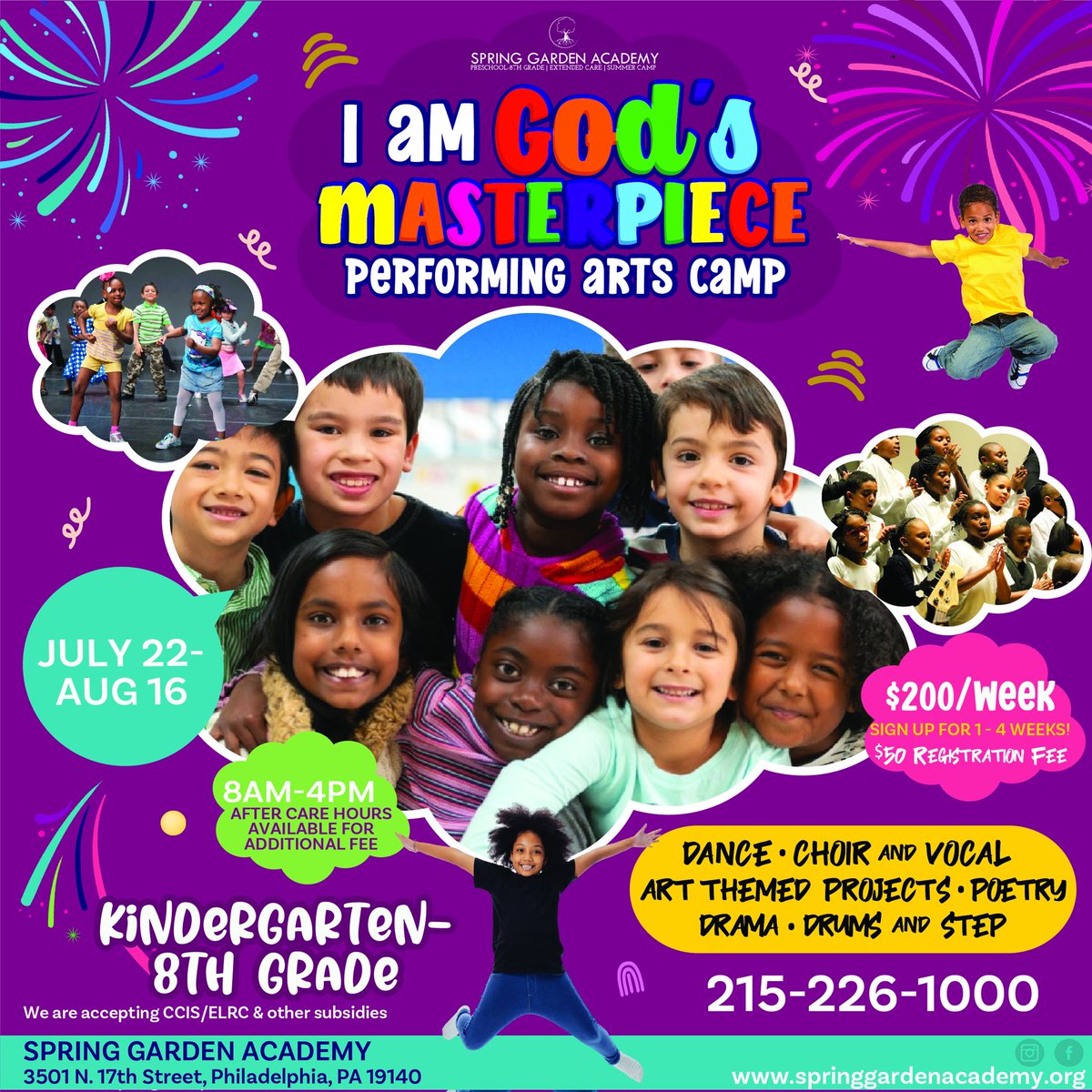 NgmPhilly's tweet photo. Register now for "I am God's Masterpiece" Performing Arts Camp
July 22- August 16

CCIS/ELRC subsidies accepted
To enroll: https://t.co/asziFnqW0f

Call 215-226-1000 for information. https://t.co/DMaGfHwcoI