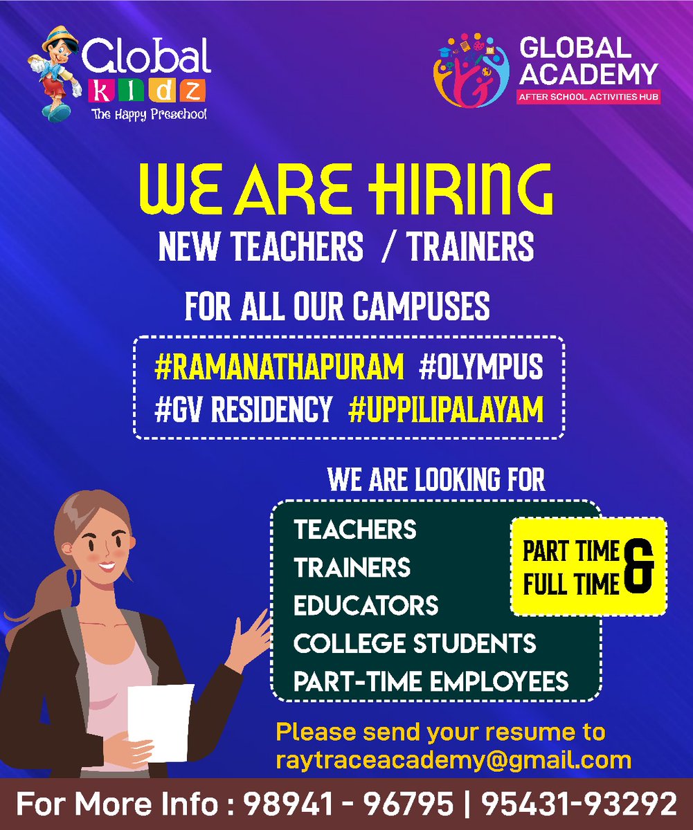 We are hiring tutors,✍️ trainers & teachers for our Skill development centres across CBE.🙏
Interested candidates can seek us at the earliest. Ct:9894196795🧑‍🎓🥀 #teachers #raytraceacademy #globalkids #globalabacus #hiring #jobopening #placements #hire #trainers #jobsnow #openings