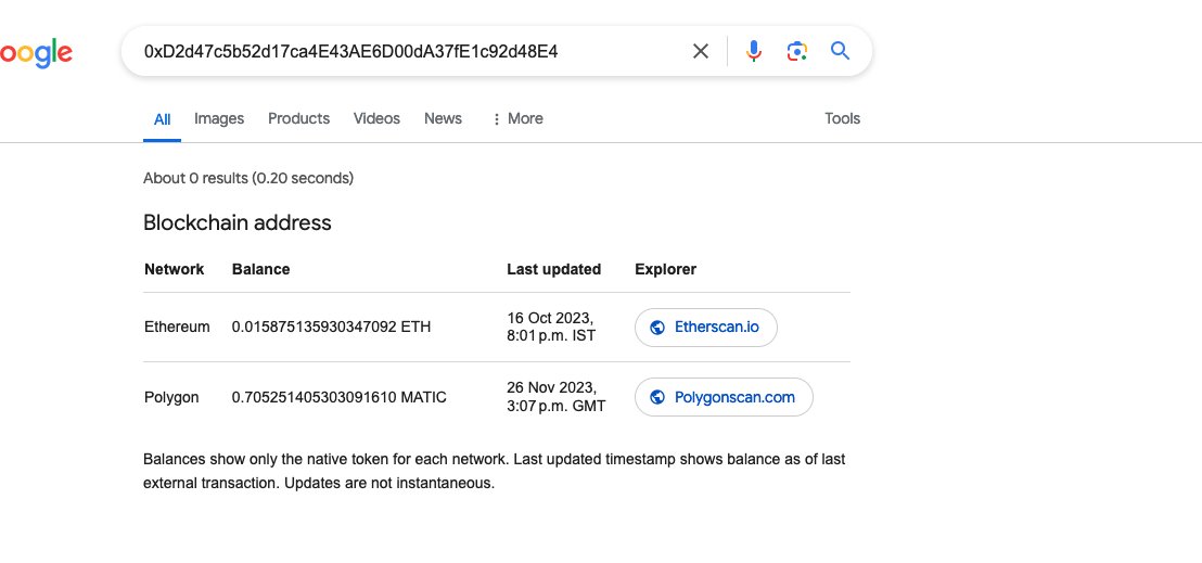 Google artık bir 0x adresi girdiğinizde EVM uyumlu ağlardaki bakiyeleri gösteriyor.