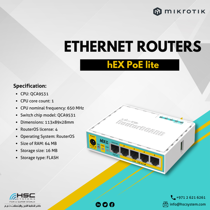 The Mikrotik hEX PoE lite is a powerful and compact router that offers advanced features and PoE support, making it the perfect solution for small to medium-sized networks. 

#TabbaraElectronics #mikrotik #dubai #uae #middleeast #MikrotikHEXPoElite 
#ملتزمون_ياوطن
#نتصدر_المشهد