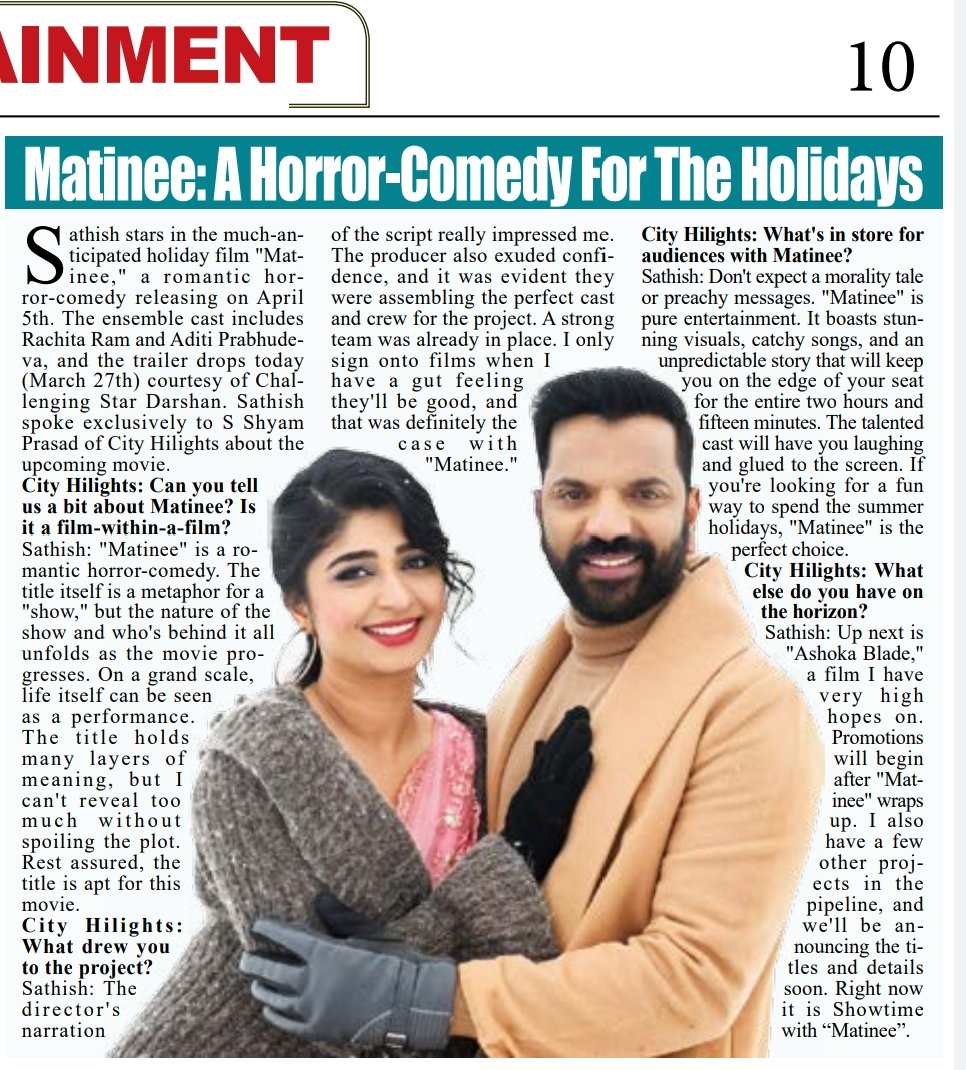 #Matinee is a horror-comedy made for pure fun, says @SathishNinasam in this brief chat. Trailer of the film will be released today by #DBoss @dasadarshan @RachitaRamDQ @AditiPrabhudeva