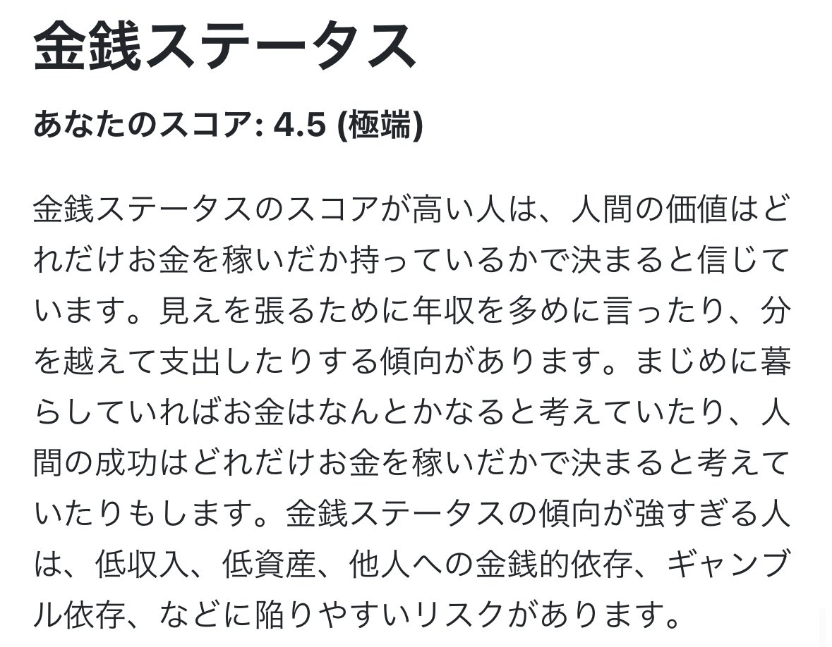 s_miyatsu's tweet photo. マネースクリプト診断が面白いです😆私は金銭崇拝スコアが一番高かったです…
https://t.co/AY6miK1y6G #moneyscript https://t.co/sxCxAYMAIM