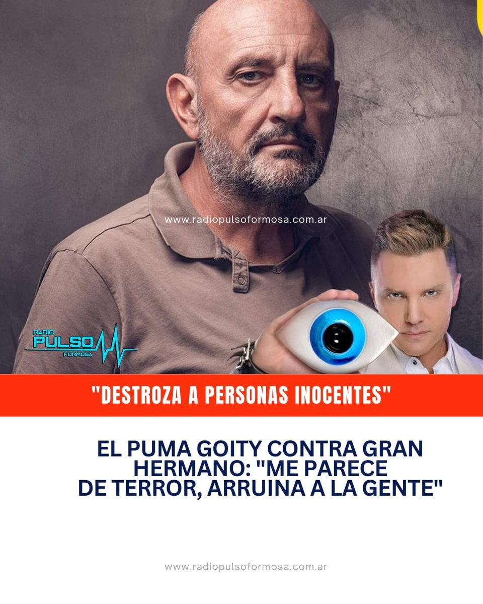 FormosaRadio's tweet photo. 🔴 El #PumaGoity apuntó contra #GranHermano en una entrevista: “Un programa como Gran Hermano es subversivo, arruinan a la  gente en pos de anuncios de televisión, de vender, y la forma en la que  se está dejando morir a la ficción me parece una canallada y de terror”. https://t.co/fqjhxG33w6