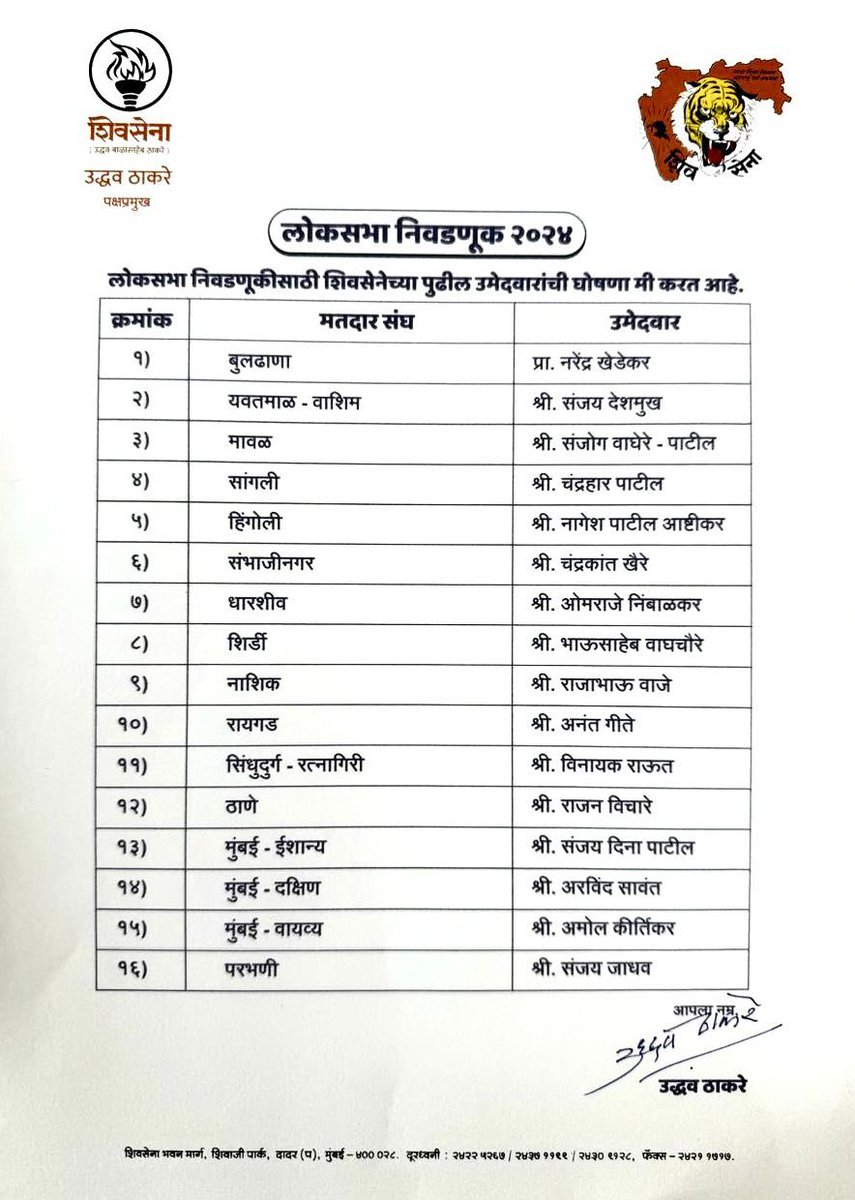ShivSenaUBT_'s tweet photo. हिंदुहृदयसम्राट शिवसेनाप्रमुख बाळासाहेब ठाकरे यांच्या आशीर्वादाने आणि शिवसेना पक्षप्रमुख मा. श्री. उद्धवसाहेब ठाकरे ह्यांच्या आदेशाने शिवसेनेच्या १७ लोकसभा उमेदवारांची यादी जाहीर करण्यात येत आहे.

१७. मुंबई दक्षिण मध्य: श्री अनिल देसाई

इतर १६ उमेदवार पुढील प्रमाणे: https://t.co/kVDrOHLWtw