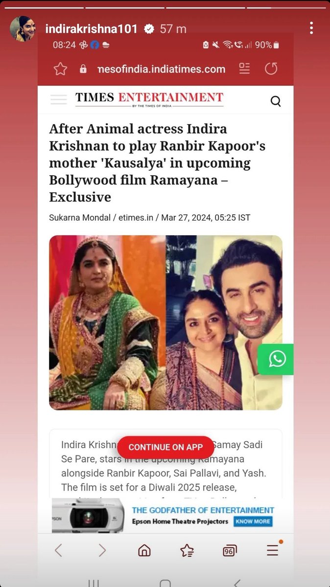 Indira Krishnan latest insta story confirmed that she is playing Ranbir kapoor mother Kausalya  in Ramayan. 🙏🏻