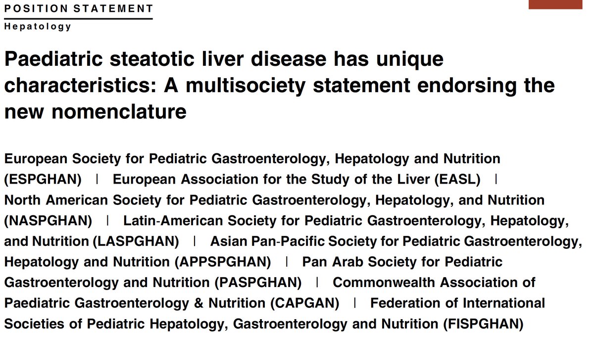 IMPORTANT: Paediatric steatotic liver disease has unique characteristics: A multisociety statement endorsing the new nomenclature👍 👉7 Paediatric regional and global societies adapt and endorse the SLD nomenclature 👉Read joint statment with @EASLnews doi.org/10.1002/jpn3.1…
