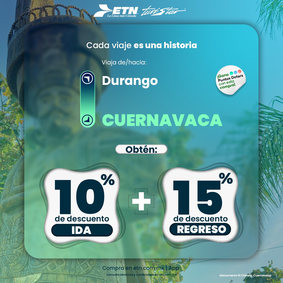 ETNTURISTAR's tweet photo. Te mereces un trayecto sin preocupaciones, viaja de Durango hacia Cuernavaca con #ETN #Turistar y obtén 10% de descuento en tu boleto de ida + un 15% en tu regreso. 🚌✨
Consulta horarios y tarifas en https://t.co/xQXugHAQwY https://t.co/y3L9aiuc1Z
