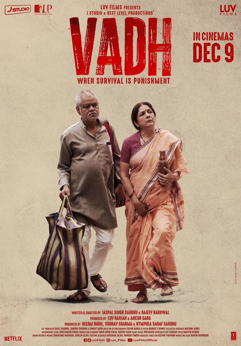 #Vadh (2022) by <a href="/J_Studio_/">Jaspal Singh Sandhu</a> &amp; <a href="/o_teri_rajeev/">rajeev barnwal</a>, ft. <a href="/imsanjaimishra/">Sanjay Mishra</a> <a href="/Neenagupta001/">Neena Gupta</a> <a href="/ss24sep_saurabh/">Saurabh Sachdeva</a> <a href="/sumitgulati90/">Sumit Gulati</a> &amp; <a href="/manavvij786/">manavvij</a>, now streaming on <a href="/PrimeVideoIN/">prime video IN</a>.

<a href="/luv_ranjan/">Luv Ranjan</a> <a href="/gargankur/">Ankur Garg</a> <a href="/NeerajRuhil21/">Neeraj Ruhil</a> <a href="/subhav86sharma/">Subhav Sharma</a> <a href="/LuvFilms/">𝕏ℝℙ 𝐍𝐨𝐭𝐢𝐟𝐢𝐜𝐚𝐭𝐢𝐨𝐧</a> @StudioFilms <a href="/TSeries/">T-Series</a> <a href="/yrf/">Yash Raj Films</a>