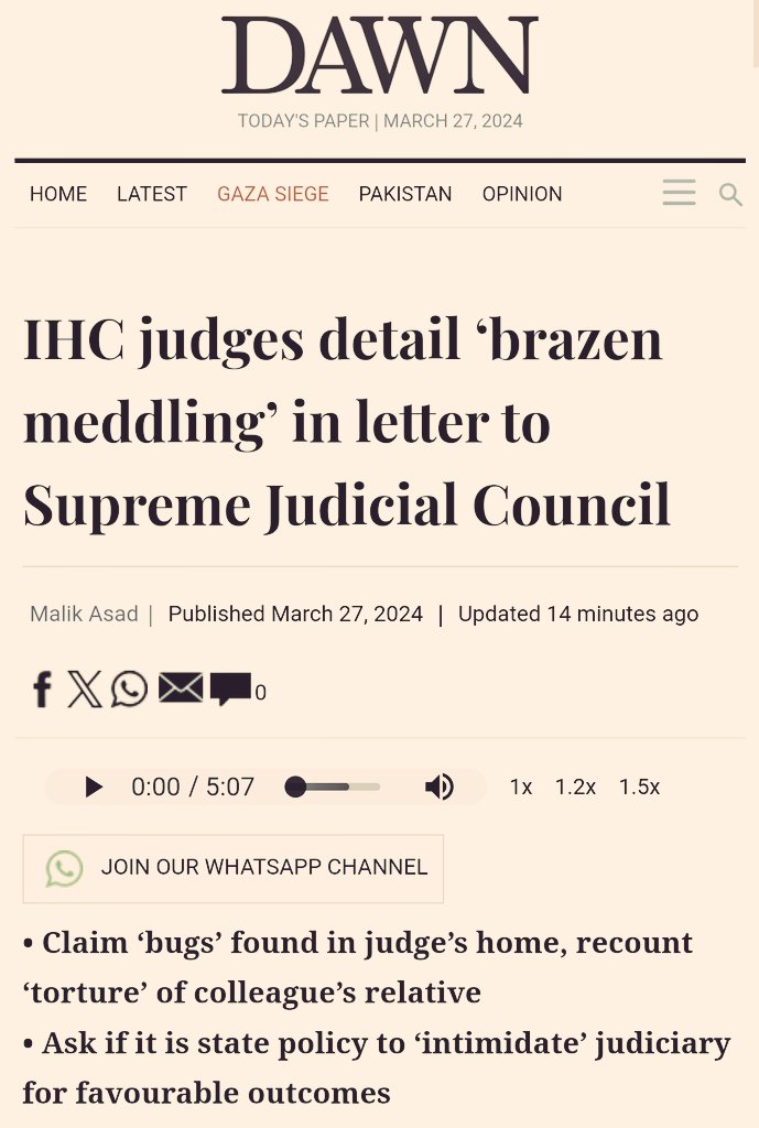 In a startling letter written to the Supreme Judicial Council, six Islamabad High Court (IHC) judges have accused the country’s intelligence apparatus of interference in judicial affairs, including attempts to pressure judges through abduction and torture of their relatives and…